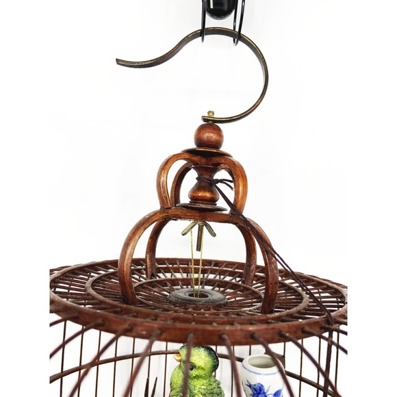 Vintage Hanging Wood Bamboo Bird Cage w/ Bird Ornament - Picture 6 of 12